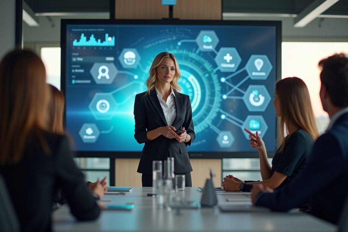 Femme confiante faisant une présentation à son équipe