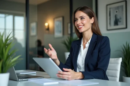 Femme confiante en r&eacute;union dans un bureau moderne