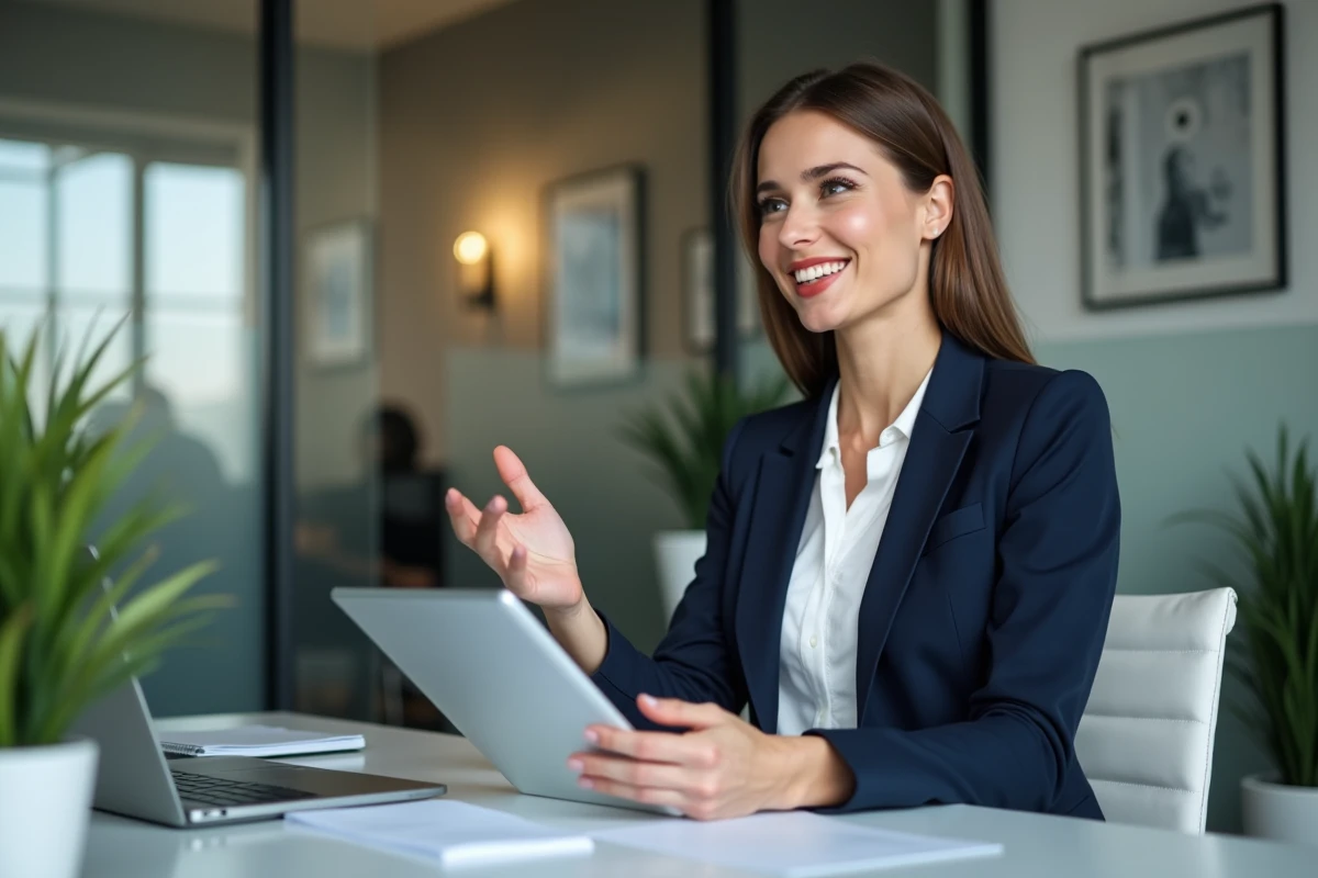 Femme confiante en réunion dans un bureau moderne
