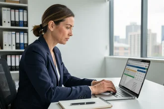 Femme professionnelle consultant les informations d'une société sur le site Pappers depuis un bureau moderne