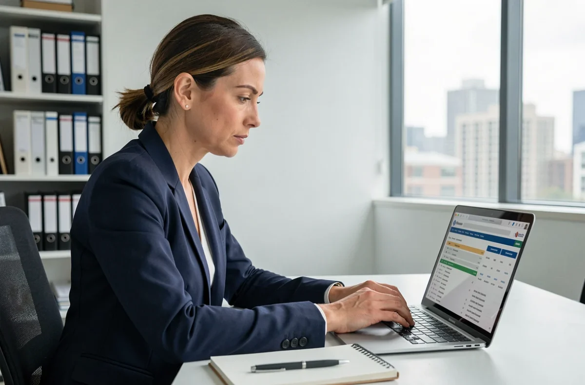 Femme professionnelle consultant les informations d'une société sur le site Pappers depuis un bureau moderne