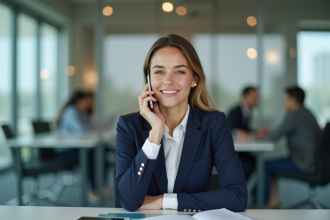 Femme professionnelle parlant au téléphone dans un bureau moderne