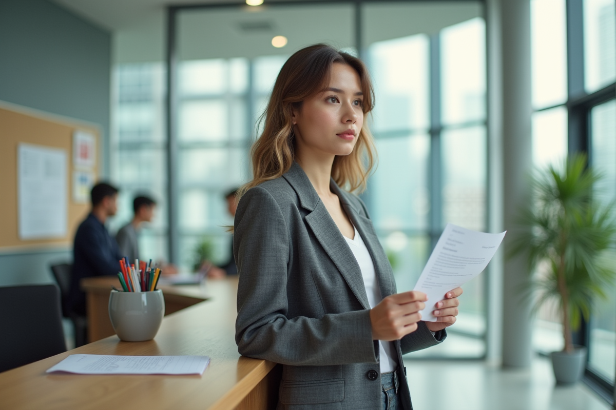 Jeune femme avec note médicale dans un bureau moderne