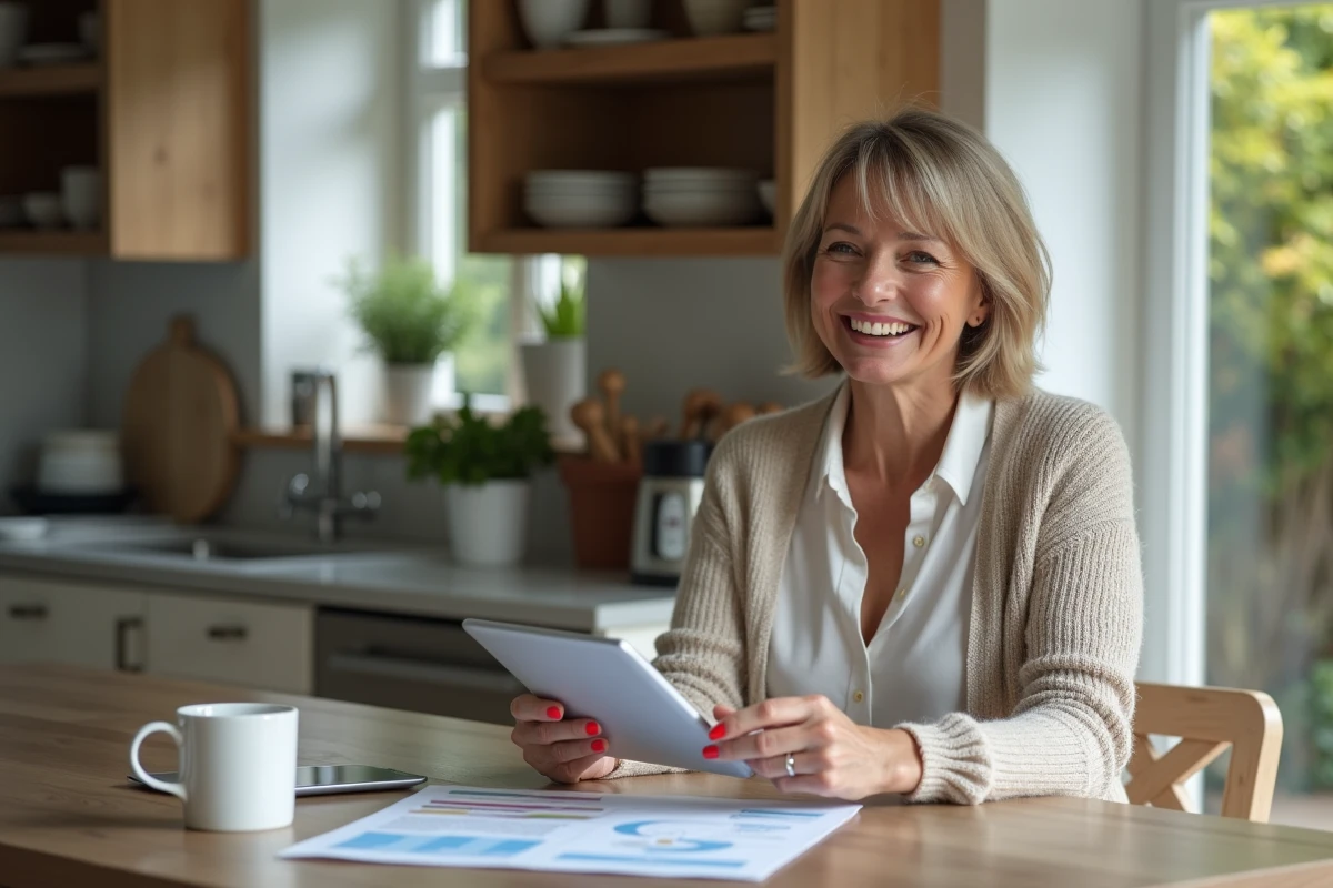 Femme à la maison examine des options sur sa tablette