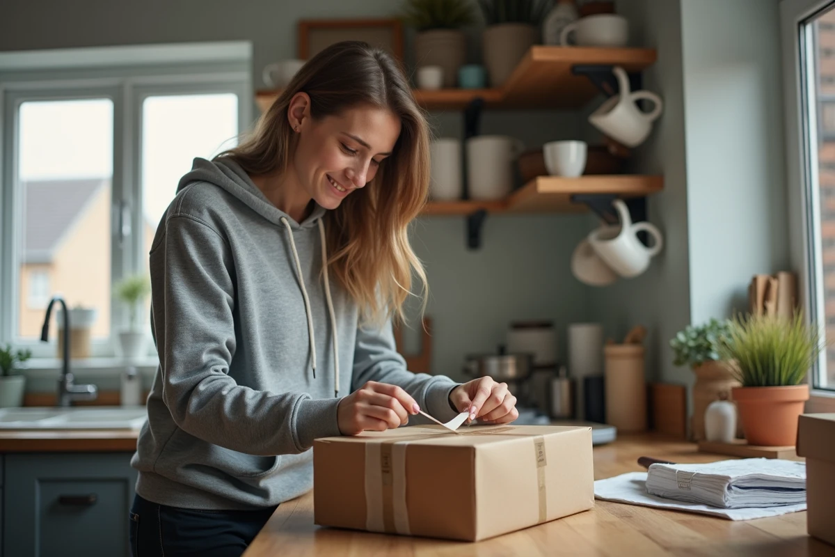 Jeune femme scellant un colis dans une cuisine organisée