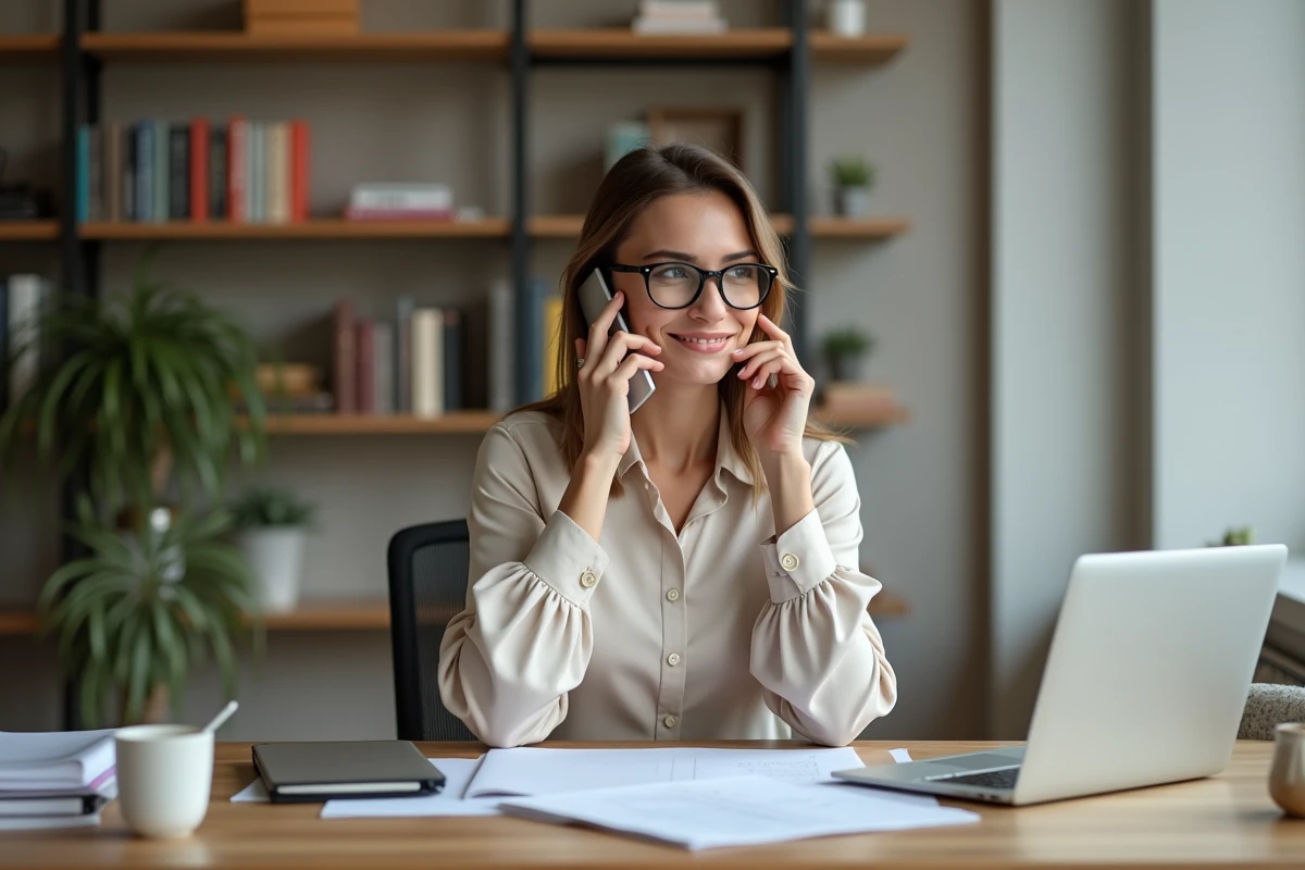Femme en blouse casual parlant au smartphone dans un bureau moderne