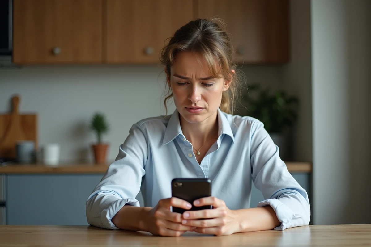 Femme d'âge moyen examine son smartphone à la maison