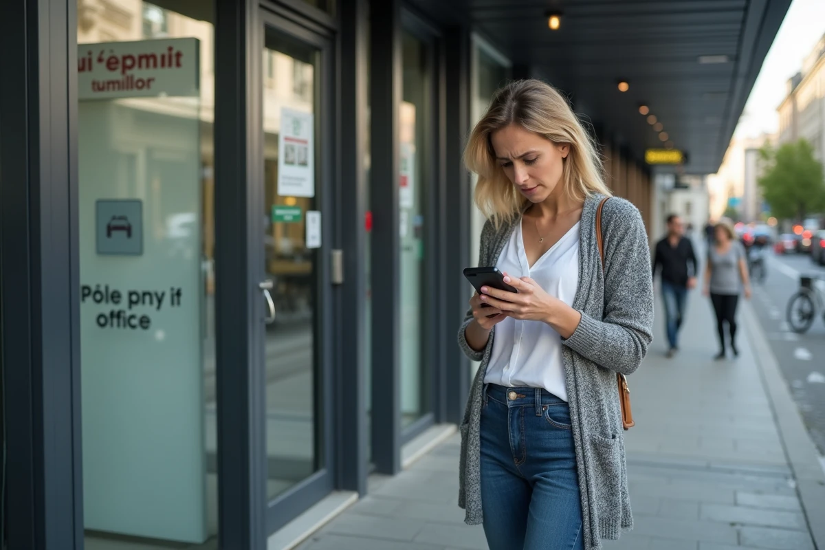 Femme dehors devant une agence P&ocirc;le emploi avec smartphone
