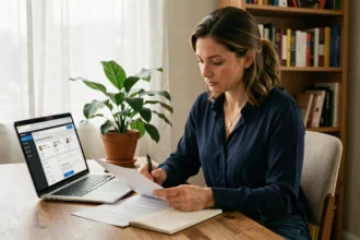 Femme en télétravail consultant des documents sur ses droits au chômage tout en travaillant pour Amazon depuis son bureau à domicile