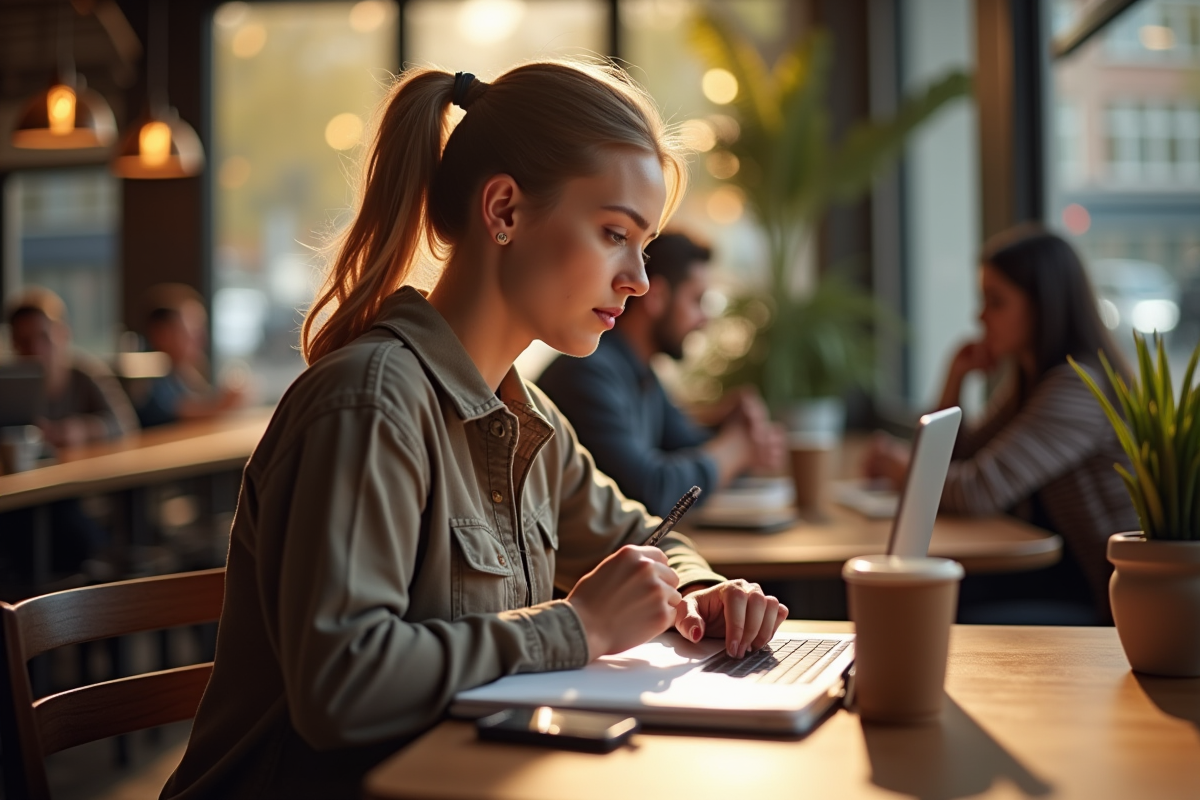 Jeune femme travaillant sur son ordinateur dans un café chaleureux