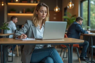 Femme professionnelle concentrée au bureau coworking moderne
