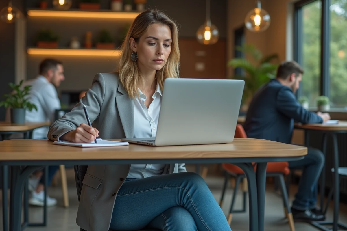 Femme professionnelle concentrée au bureau coworking moderne