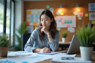 Jeune femme en bureau analysant notes marketing chaotiques