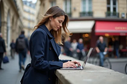 Femme travaillant sur son ordinateur devant un caf&eacute; parisien