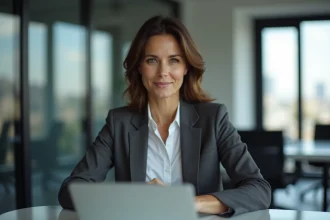 Femme en visioconference dans un bureau moderne