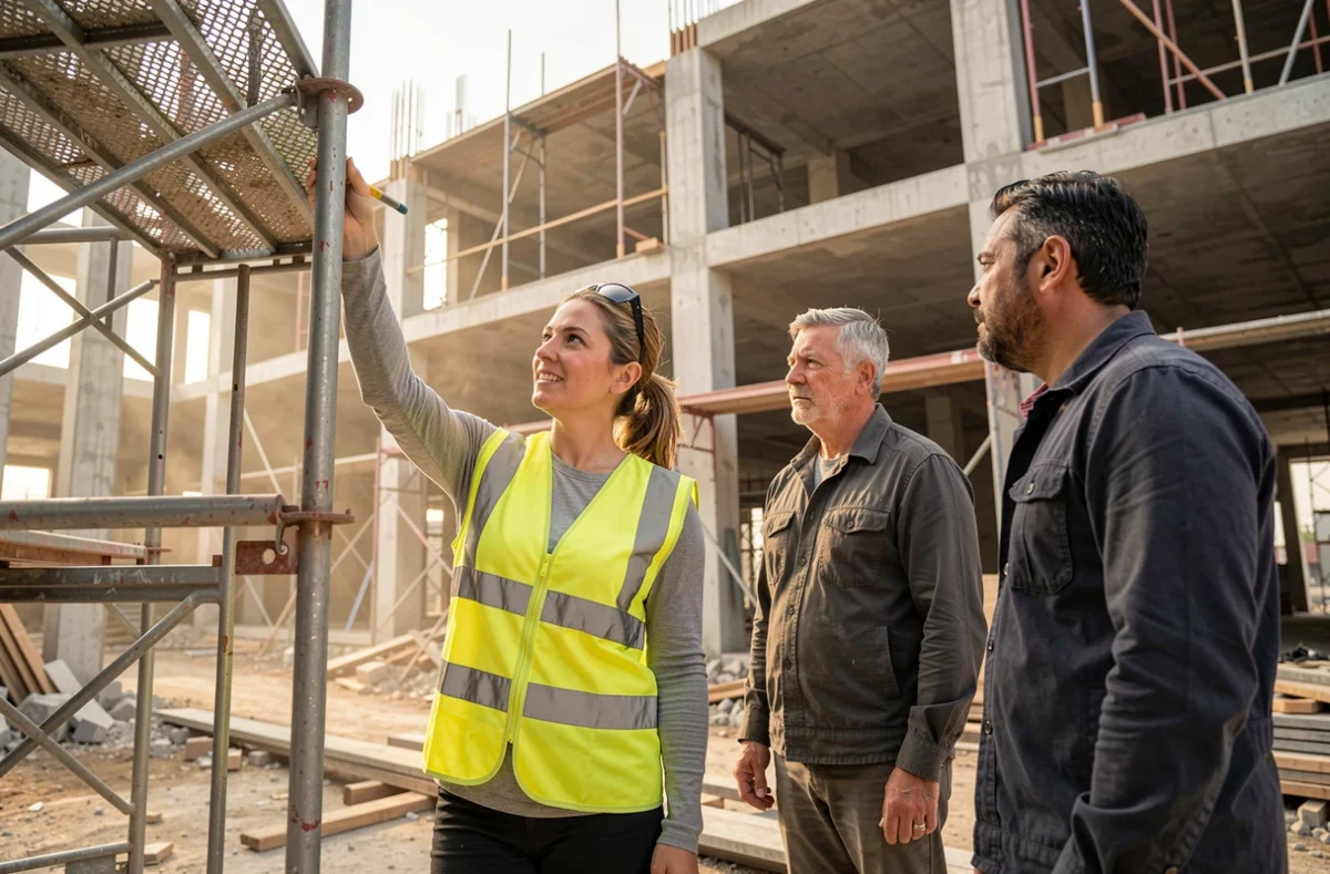 Formatrice BTP expliquant les normes N4p2 à des ouvriers sur un échafaudage de chantier