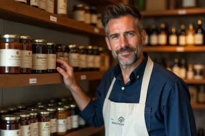 Franchisé épicerie fine arrangeant des produits artisanaux sur des étagères en bois dans une boutique de spécialités gastronomiques
