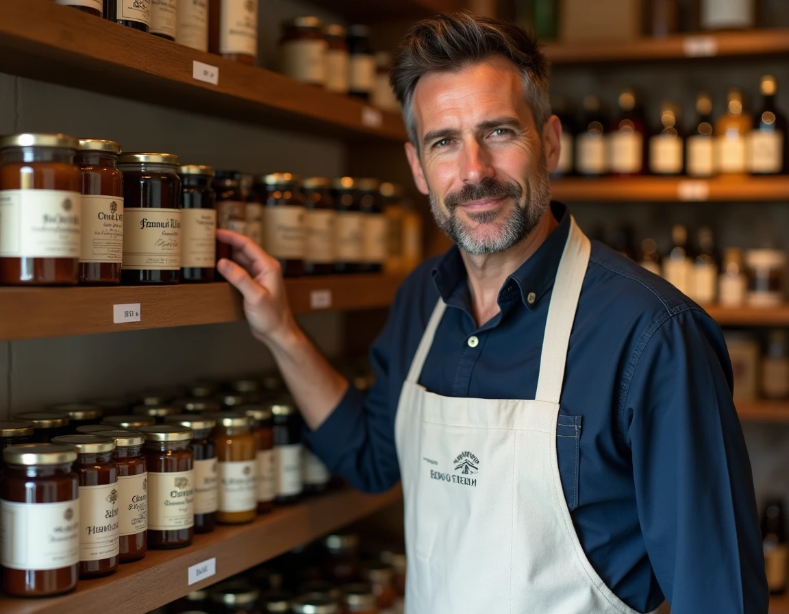 Franchisé épicerie fine arrangeant des produits artisanaux sur des étagères en bois dans une boutique de spécialités gastronomiques