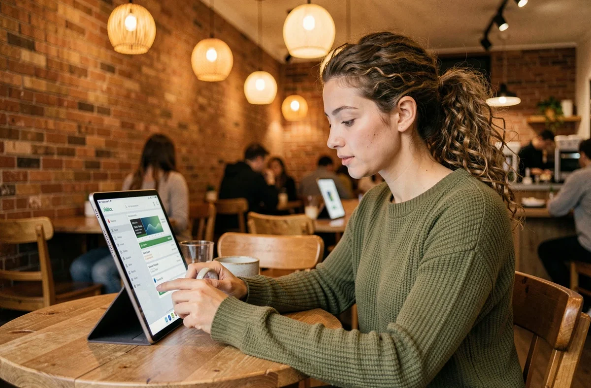 Jeune femme vérifiant ses opérations bancaires sur tablette dans un café, connexion sécurisée BNP Paribas Alis