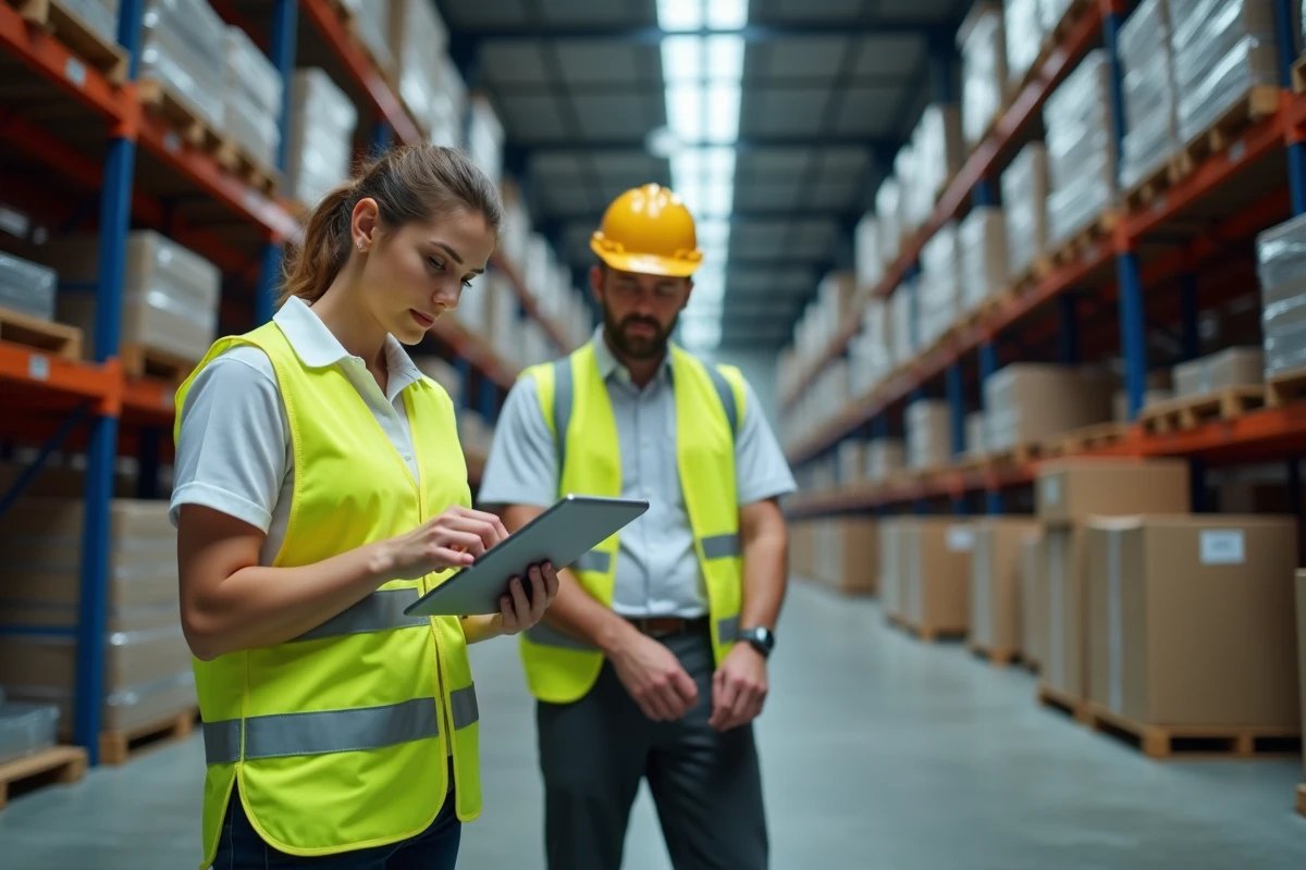 Coordinatrice logistique et responsable d'entrepôt de Nitrofer examinant des stocks de produits métalliques dans un entrepôt industriel