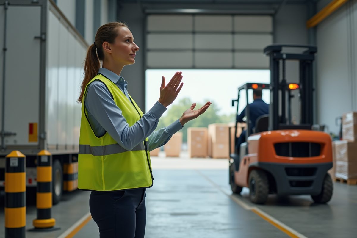 Jeune femme gestionnaire donnant des signaux a un chariot elevateur