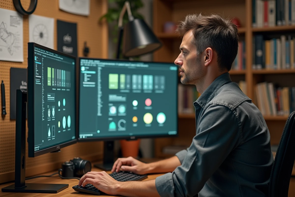 Graphiste senior d'un studio de design engagé travaillant sur une identité visuelle de marque à son poste de travail