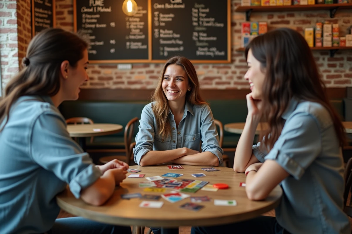 Groupe d'adultes jouant à un jeu de société dans un café de jeux de quartier convivial