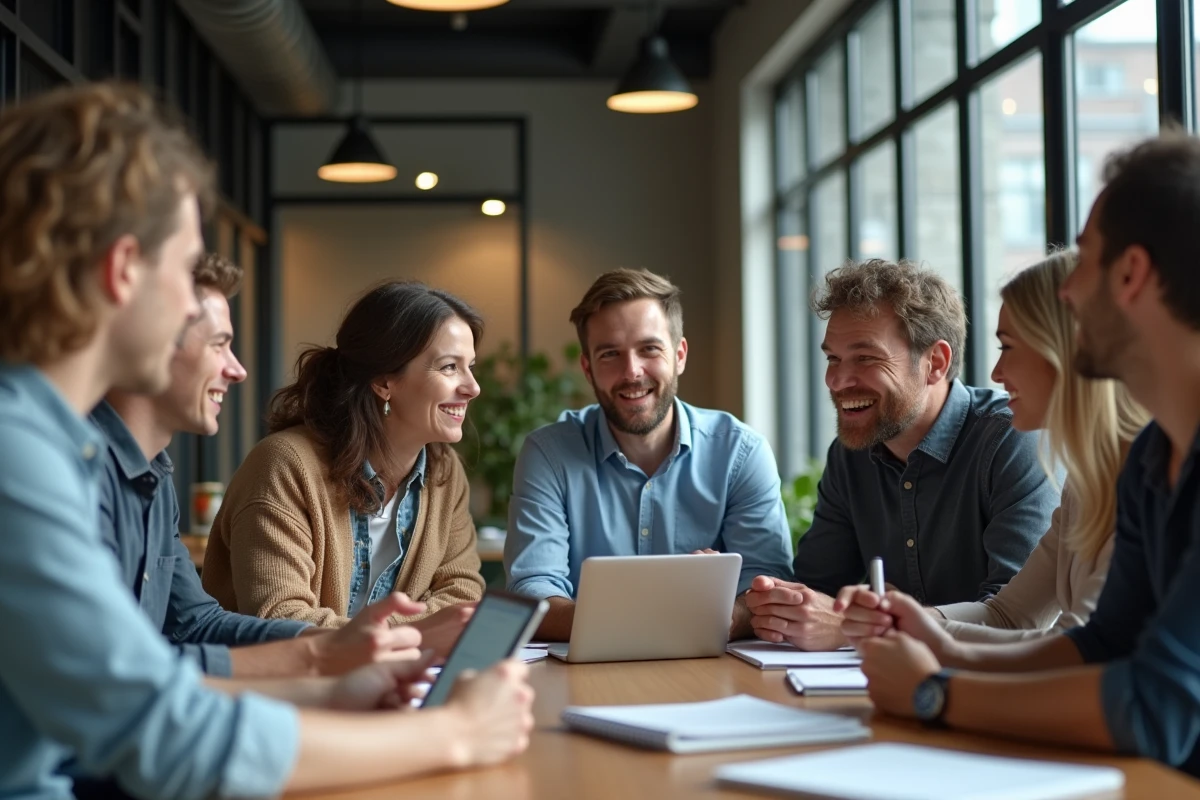 Groupe d adultes en discussion dans un espace de coworking