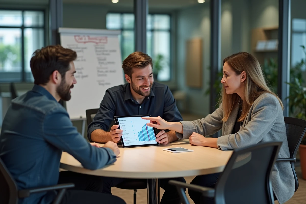 Groupe d'entrepreneurs discutant des résultats d'une enquête sur les besoins des créateurs d'entreprise lors d'un atelier en incubateur