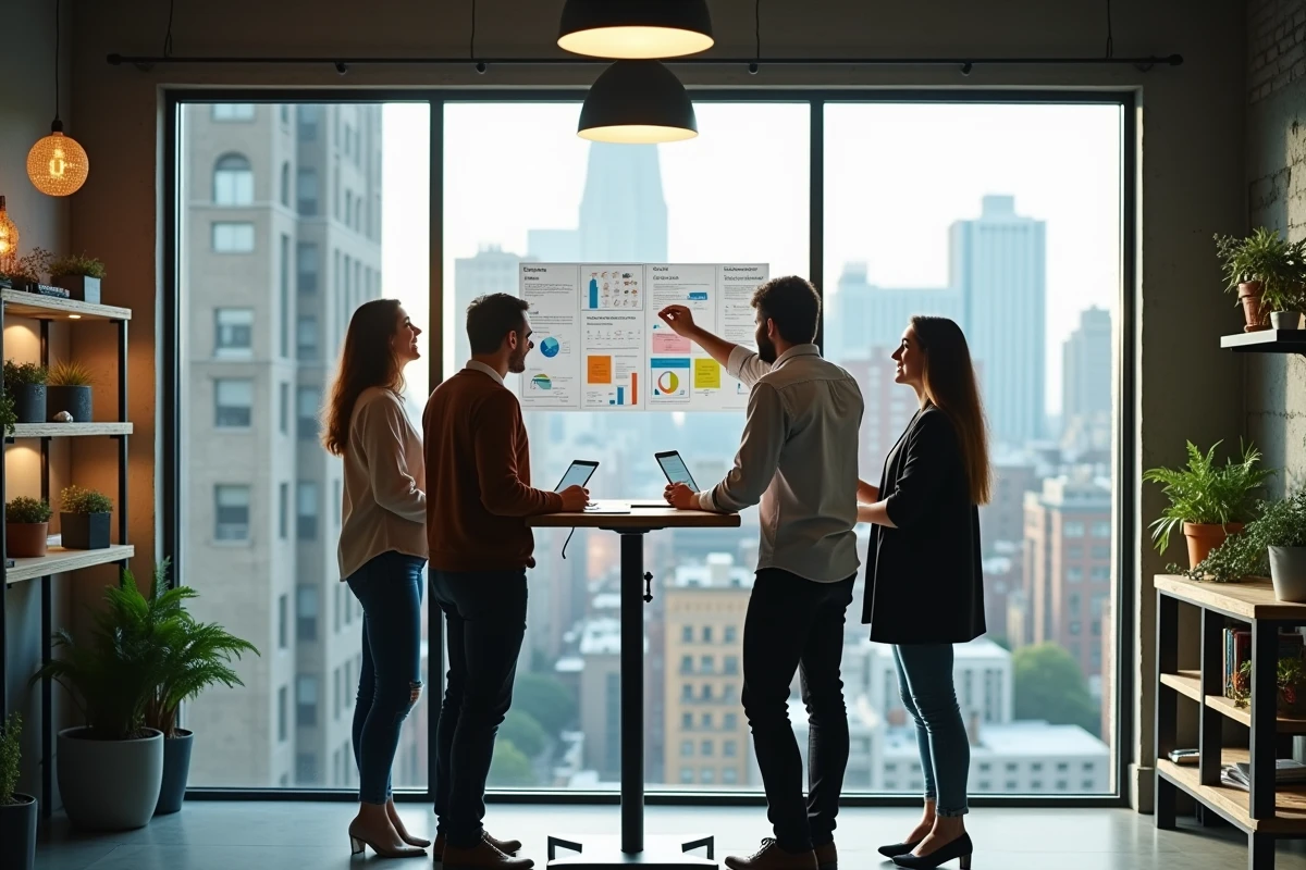 Groupe d'entrepreneurs collaborant sur un projet de création d'entreprise dans un incubateur de startups en 2026
