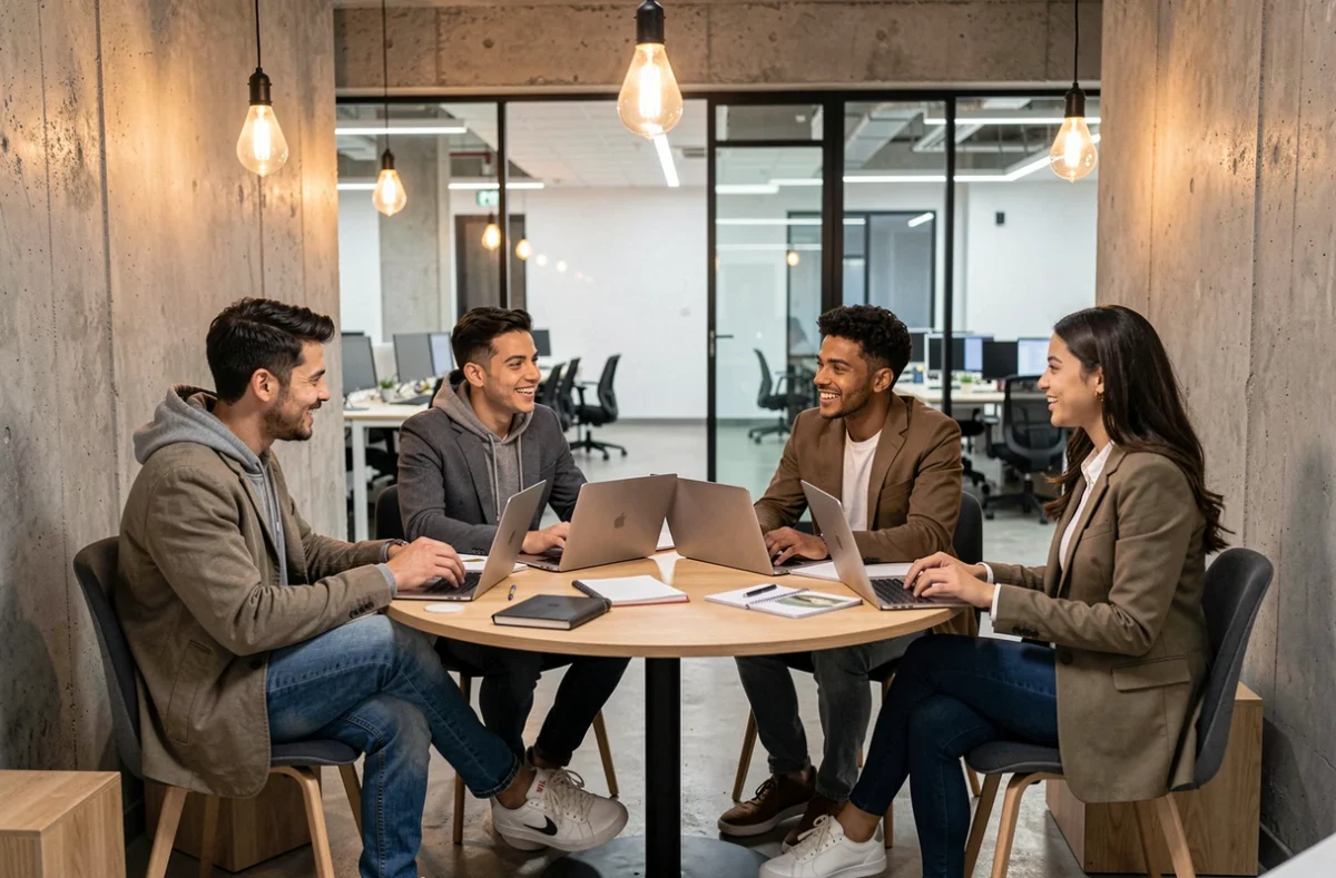 Groupe de jeunes entrepreneurs en session de networking informelle autour d'une table dans un espace de coworking moderne de Station F