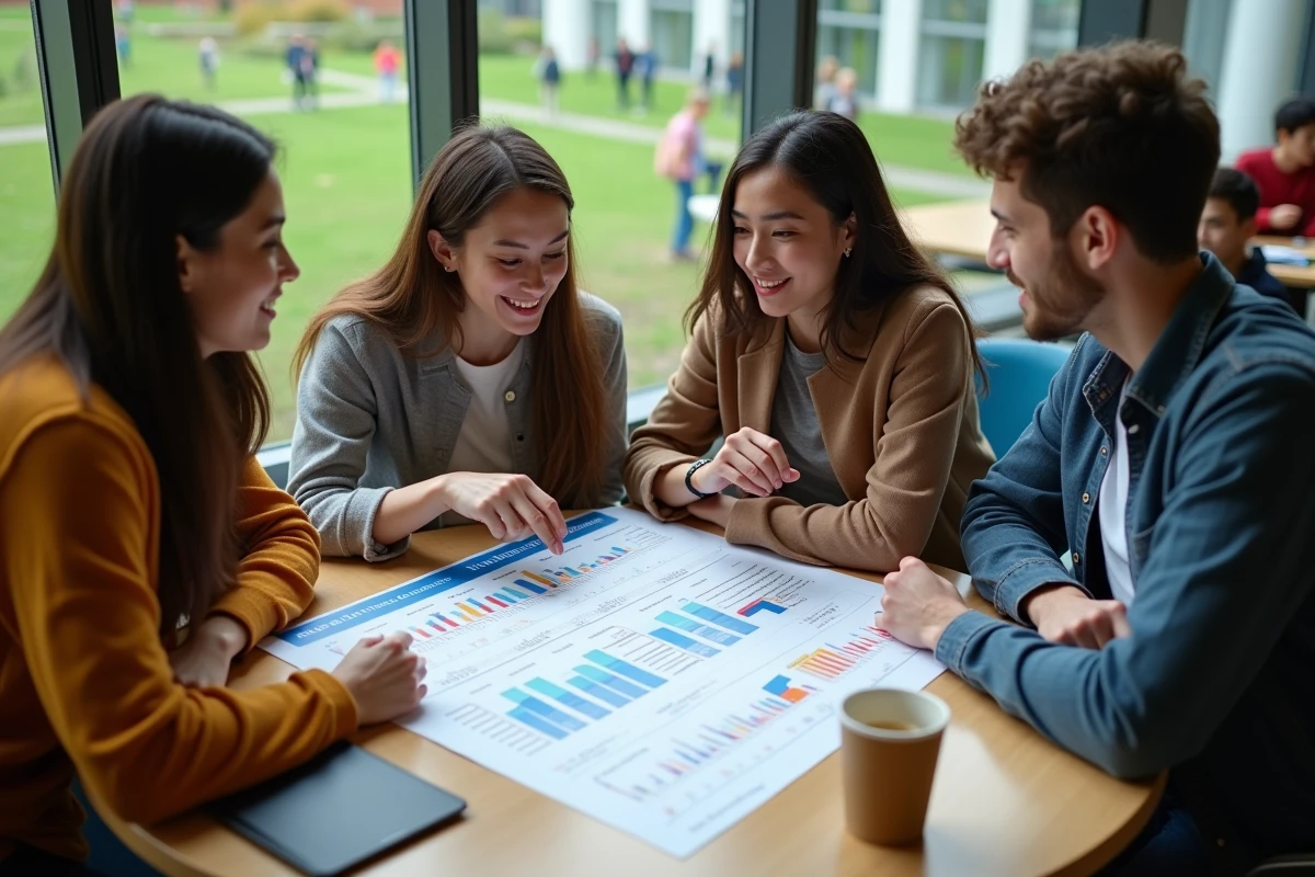Groupe d'étudiants analysant ensemble des perspectives de carrière en profession intermédiaire sur un campus