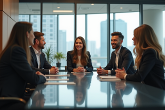 Groupe de jeunes professionnels en réunion dans un bureau moderne