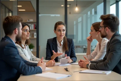 Groupe de professionnels en r&eacute;union dans un bureau moderne
