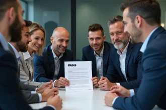 Groupe de professionnels autour d'une table avec document DUNS