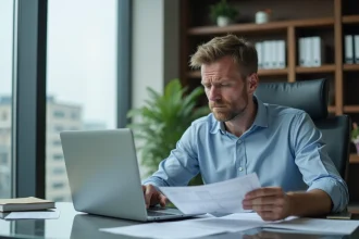 Homme d'affaires concentré devant documents financiers