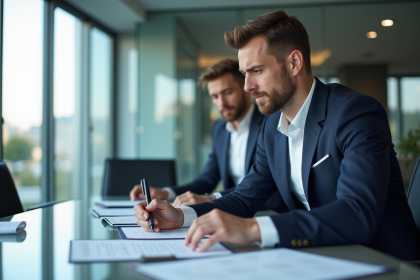 Homme d'affaires en costume bleu examine des documents