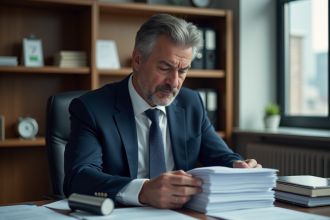 Homme d'affaires en costume bleu examine des documents juridiques