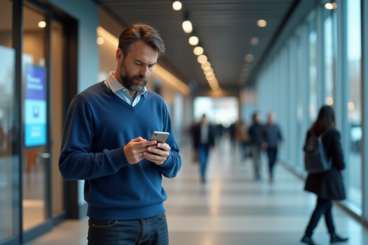 Homme utilisant son smartphone pour authentification bancaire