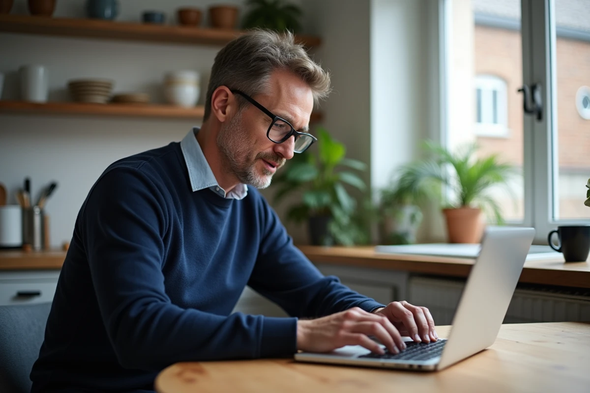 Homme en sweater navy travaillant à la maison avec vue sur Grenoble