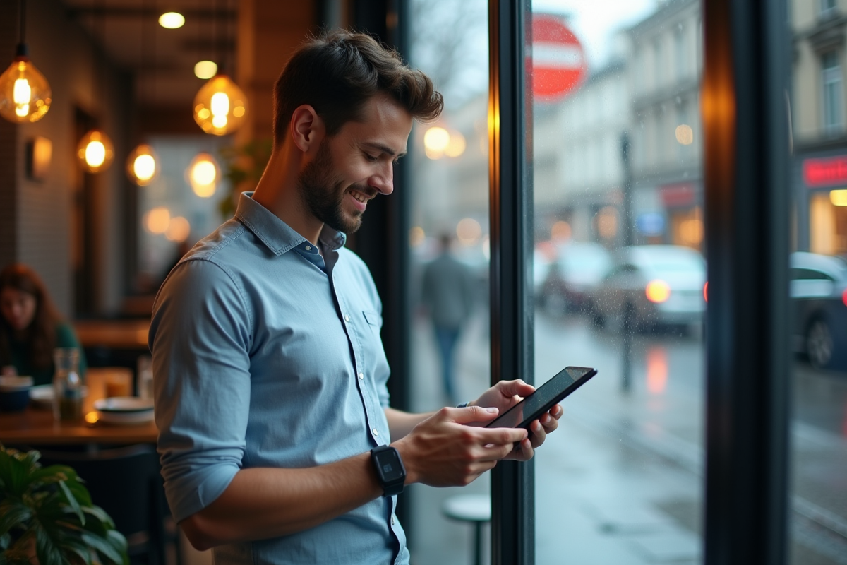 Homme regardant des analyses sur une tablette en café
