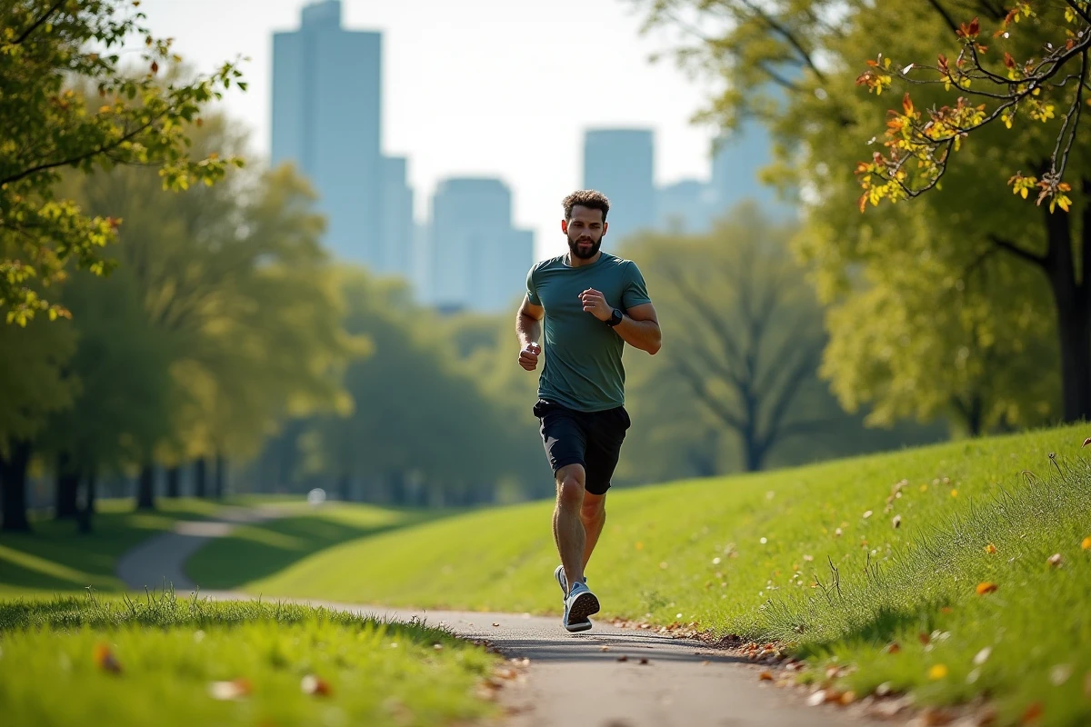 Homme courant dans un parc urbain avec un smartwatch