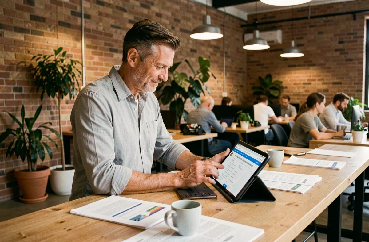 Homme d'affaires consultant des informations juridiques d'entreprise sur une tablette dans un espace de coworking