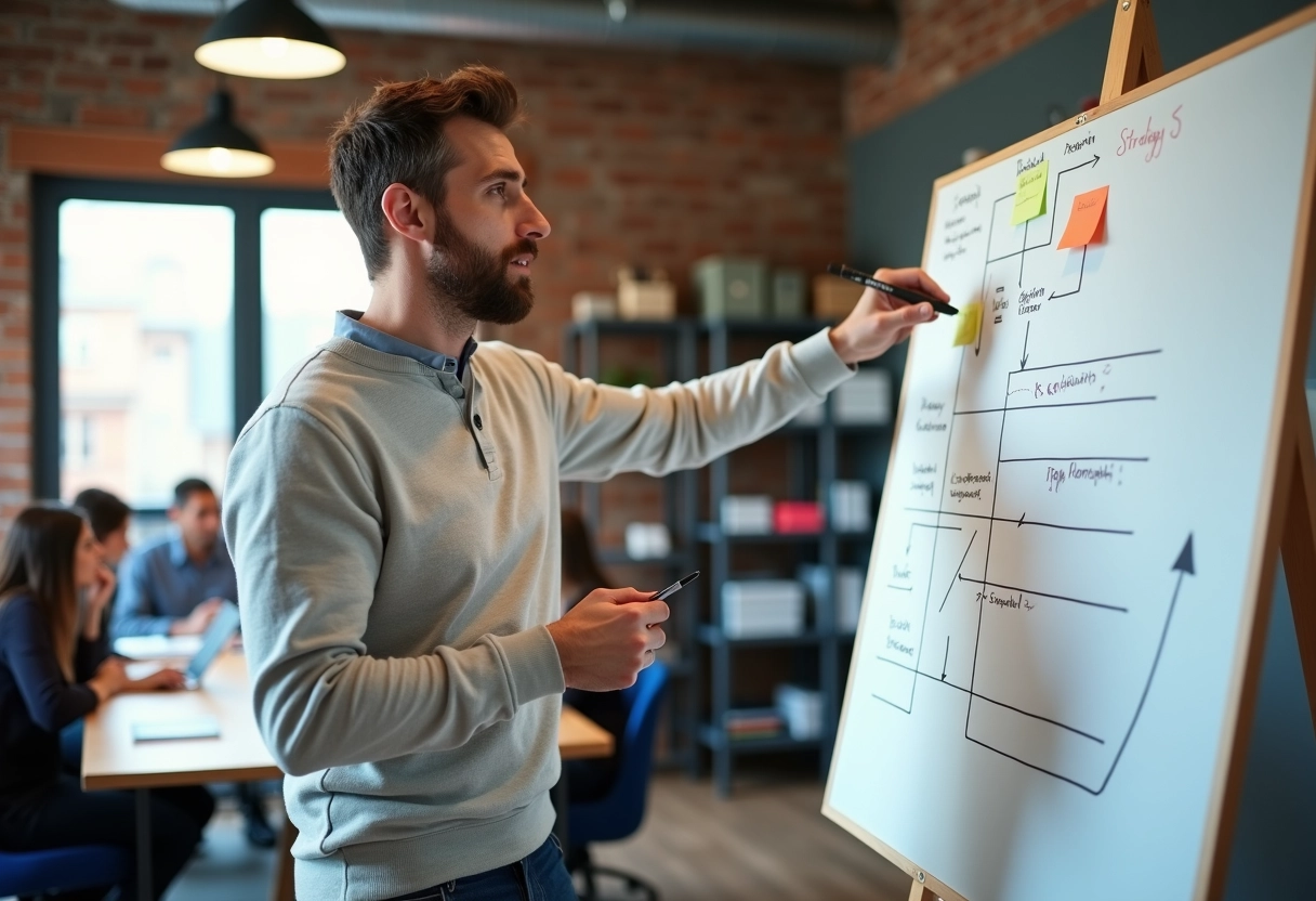 Homme en réunion expliquant un diagramme sur whiteboard