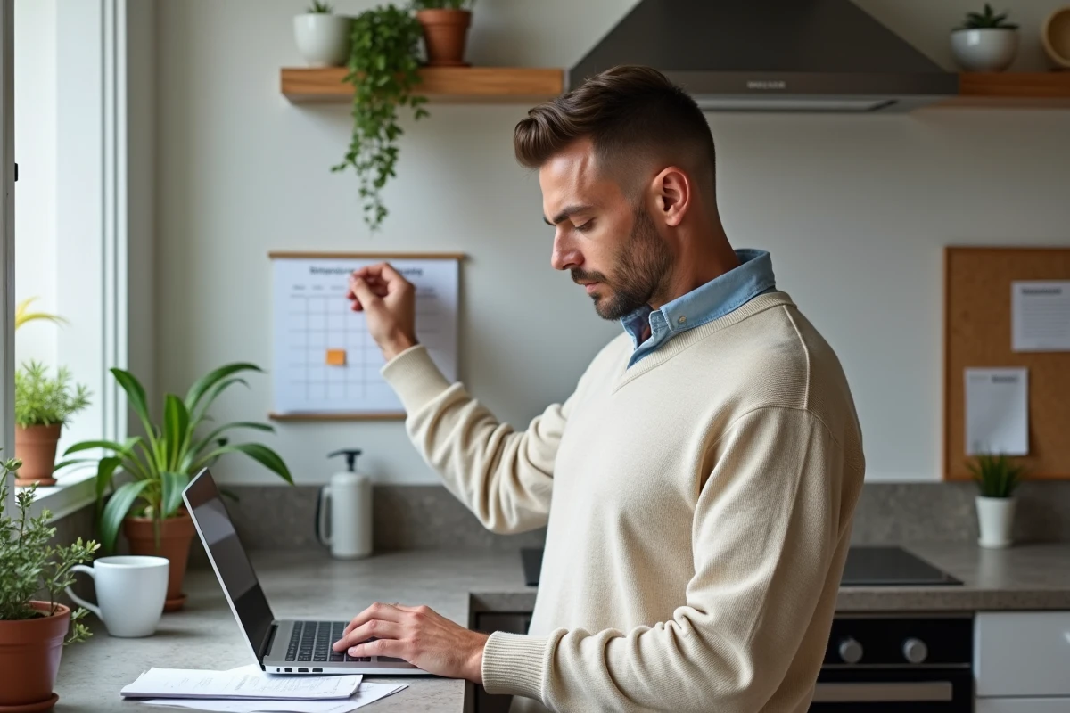 Homme marquant des dates sur un calendrier à la maison