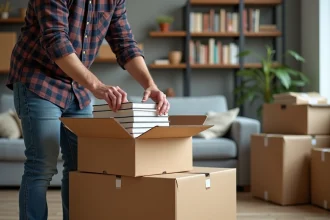 Homme d'âge moyen emballant des livres dans un salon cosy