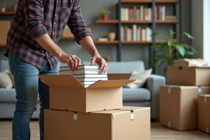 Homme d'&acirc;ge moyen emballant des livres dans un salon cosy