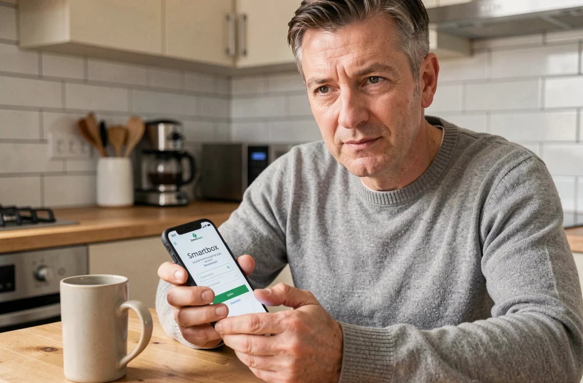 Homme consultant l'application Smartbox sur smartphone avec un message d'erreur de connexion affiché à l'écran dans une cuisine moderne