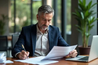 Homme d'âge moyen lisant un rapport dans un bureau moderne