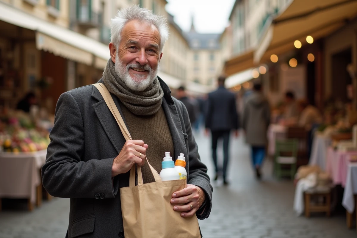 Homme âgé avec sac de produits français en marché